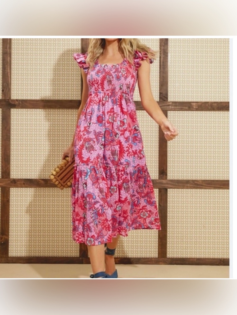 Tuckernuck Bougainvillea breeze Mallie Pink Floral Midi Dress Smocked Bodice XS